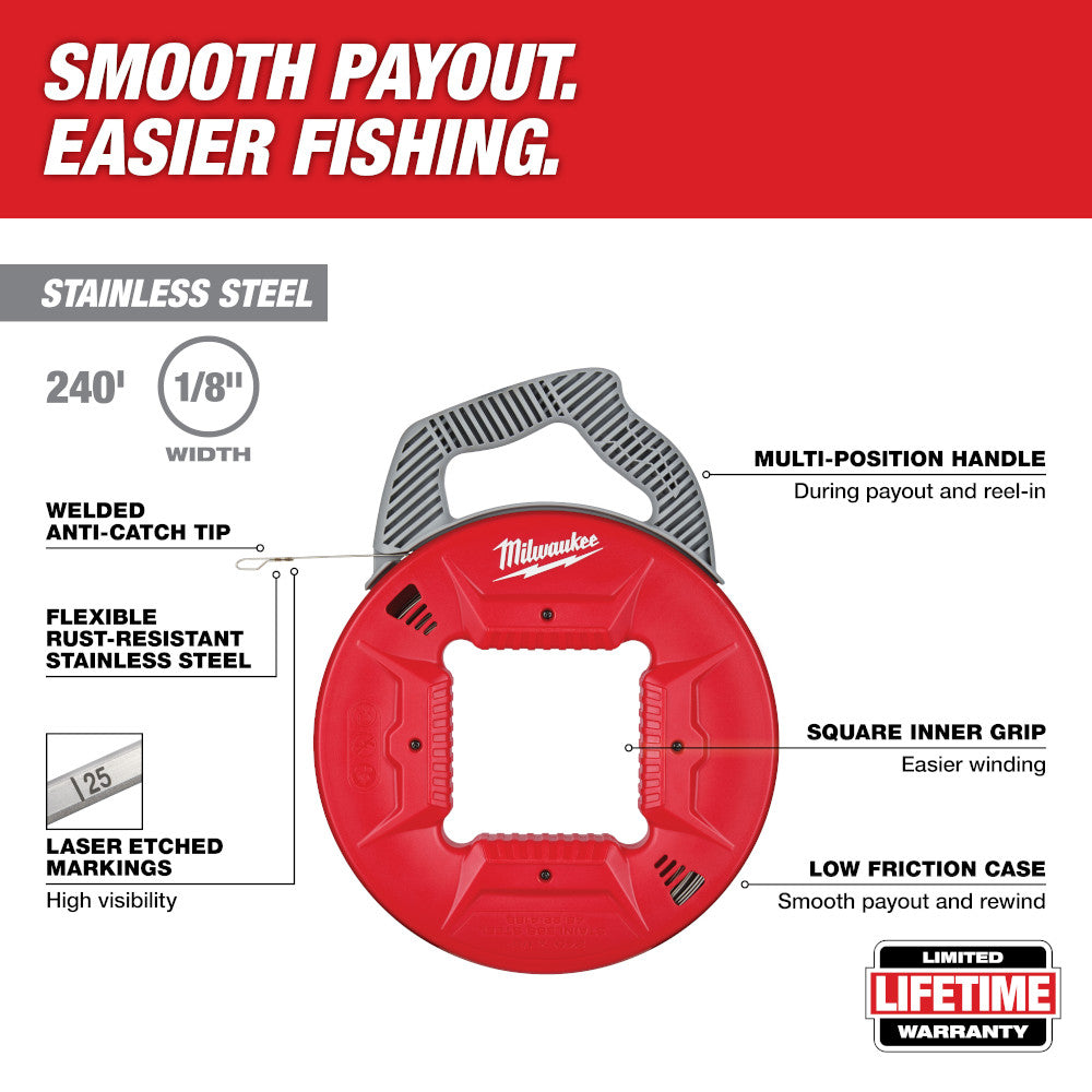 Red Milwaukee fish tape reel with 240' stainless steel tape, 1/8" width, multi-position handle, and square inner grip.