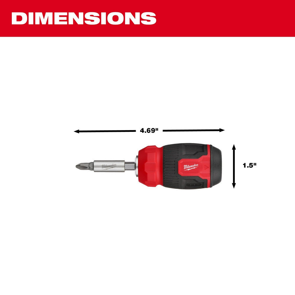 Milwaukee compact multi-bit screwdriver with red and black handle, 4.69 inches long and 1.5 inches tall.