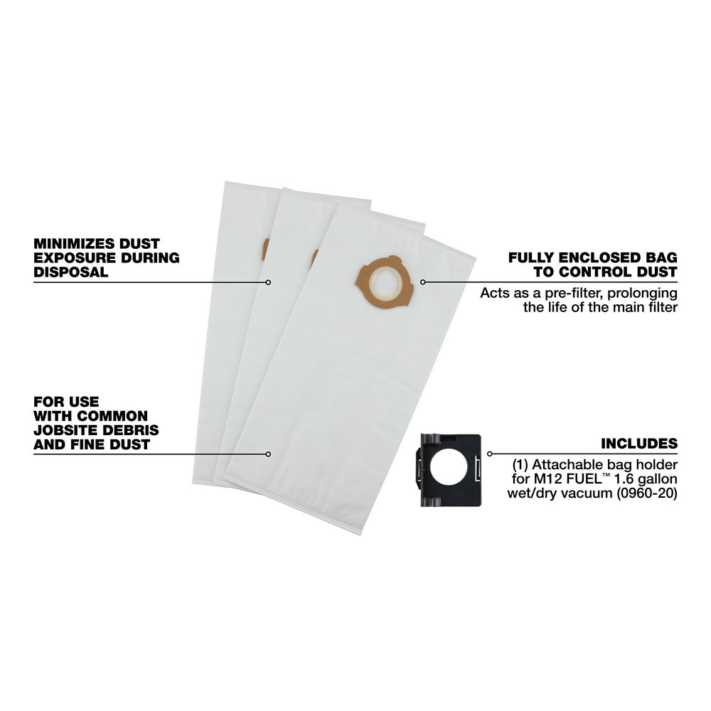 Three white fleece dust bags with circular opening and one black plastic bag holder attachment.