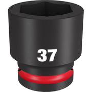 Black 37MM socket with 6-point hexagonal opening and red grip band around base.