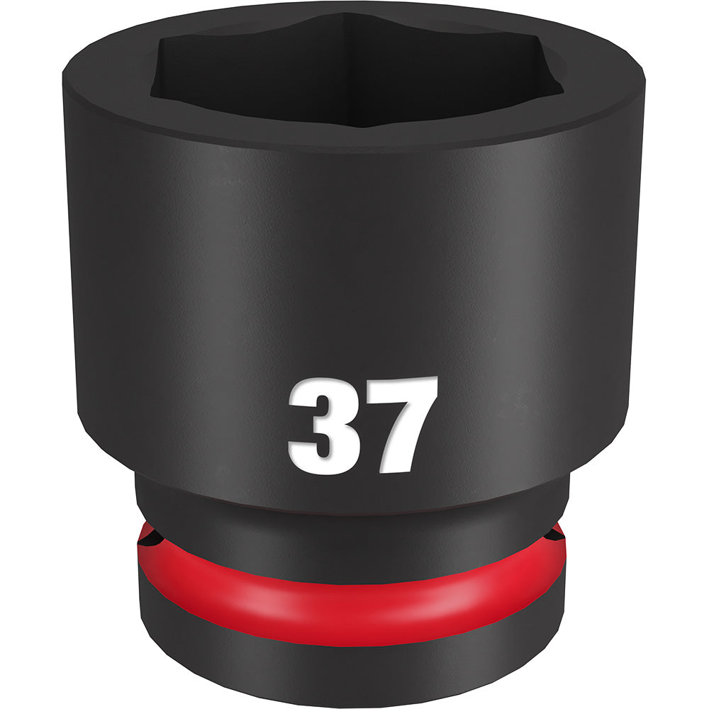 Black 37MM socket with 6-point hexagonal opening and red grip band around base.