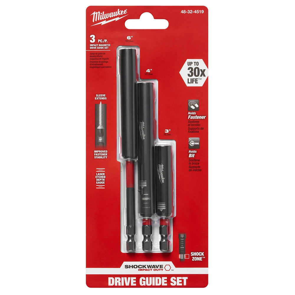 Three black Milwaukee Shockwave impact magnetic drive guides in 6-inch, 4-inch, and 3-inch lengths on red packaging.