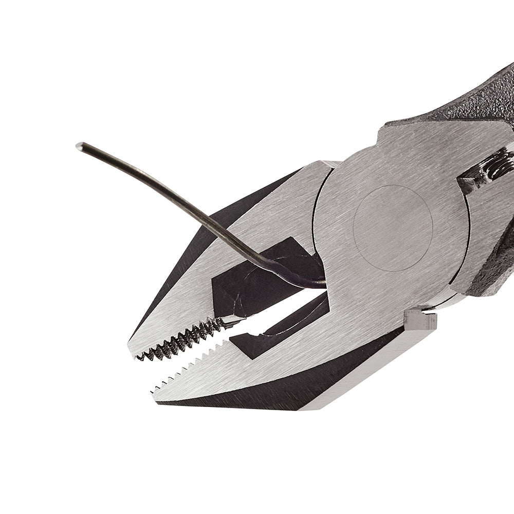 Milwaukee ironworker's pliers with serrated jaw, black handles, and metal pivot joint shown open against white background.