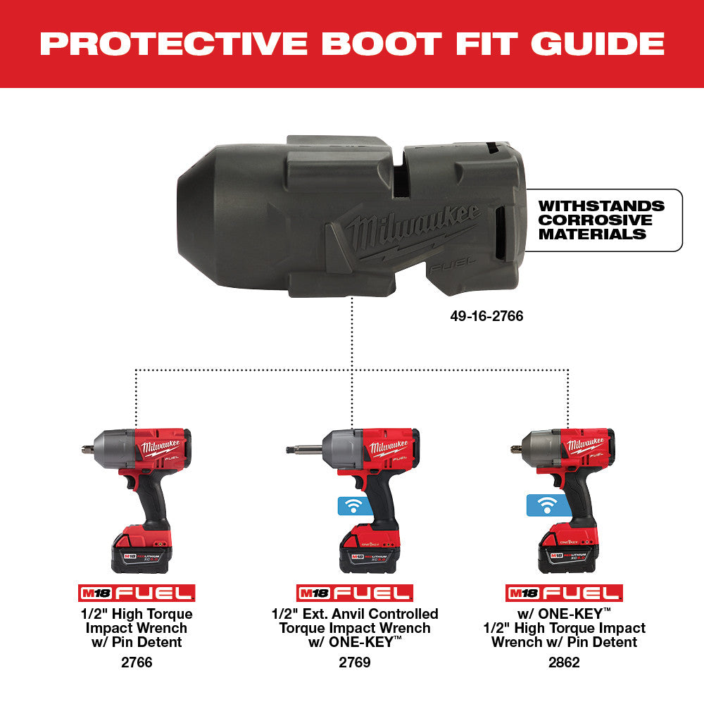 Black Milwaukee protective boot with ridged surface and corrosive material resistance label for M18 FUEL impact wrench.