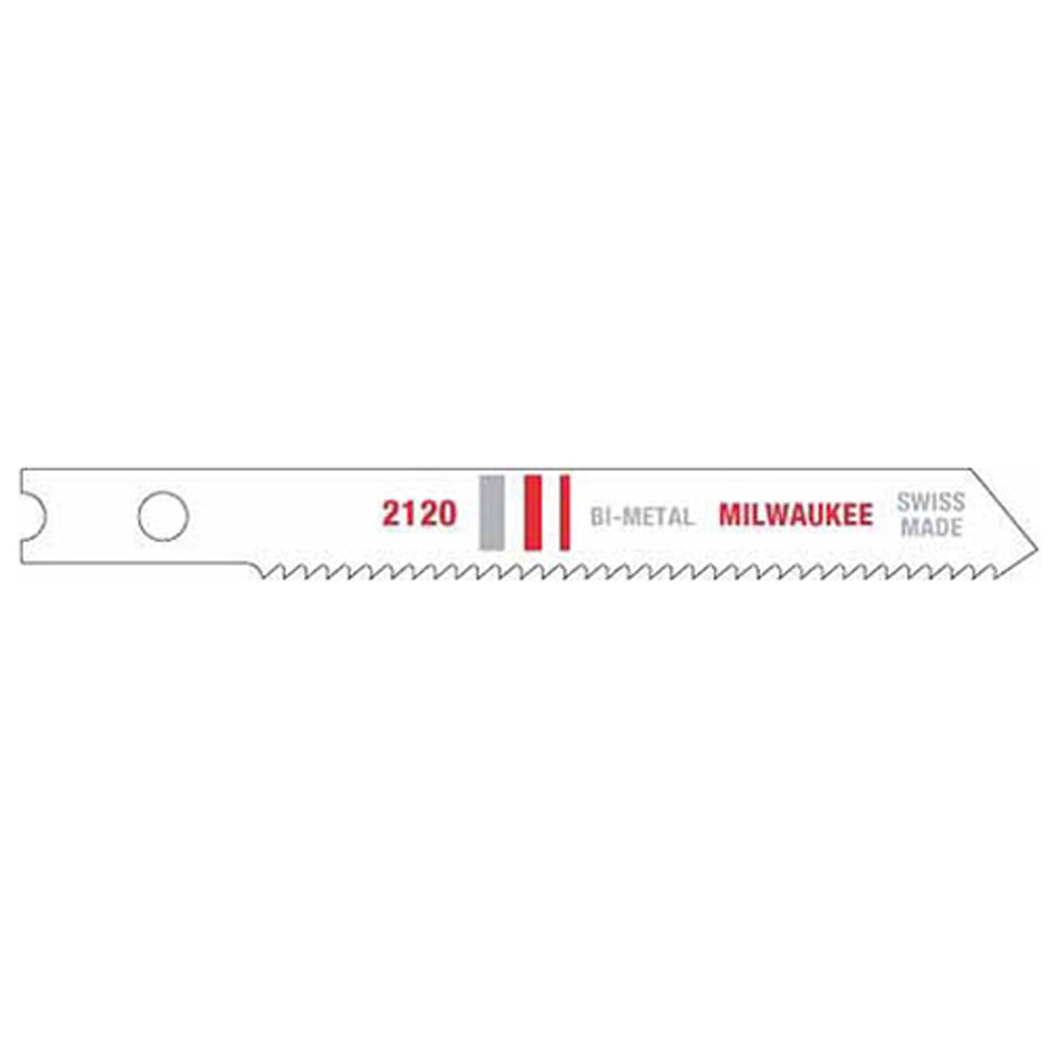 Milwaukee bi-metal jig saw blade with mounting slot, model 2120, featuring fine teeth along cutting edge.