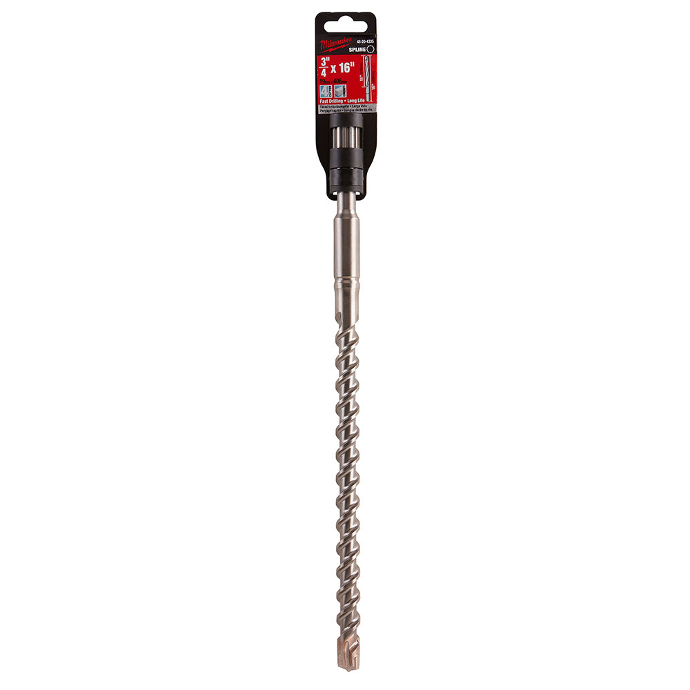 Milwaukee spline 4-cutter drill bit with 3/4 in diameter, 5 in cutting length, and 10 in total length in packaging.