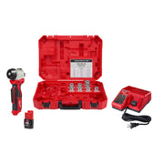 Milwaukee M12 cable stripper kit with red carrying case, handheld stripper tool, battery, charger, and metal stripping dies.