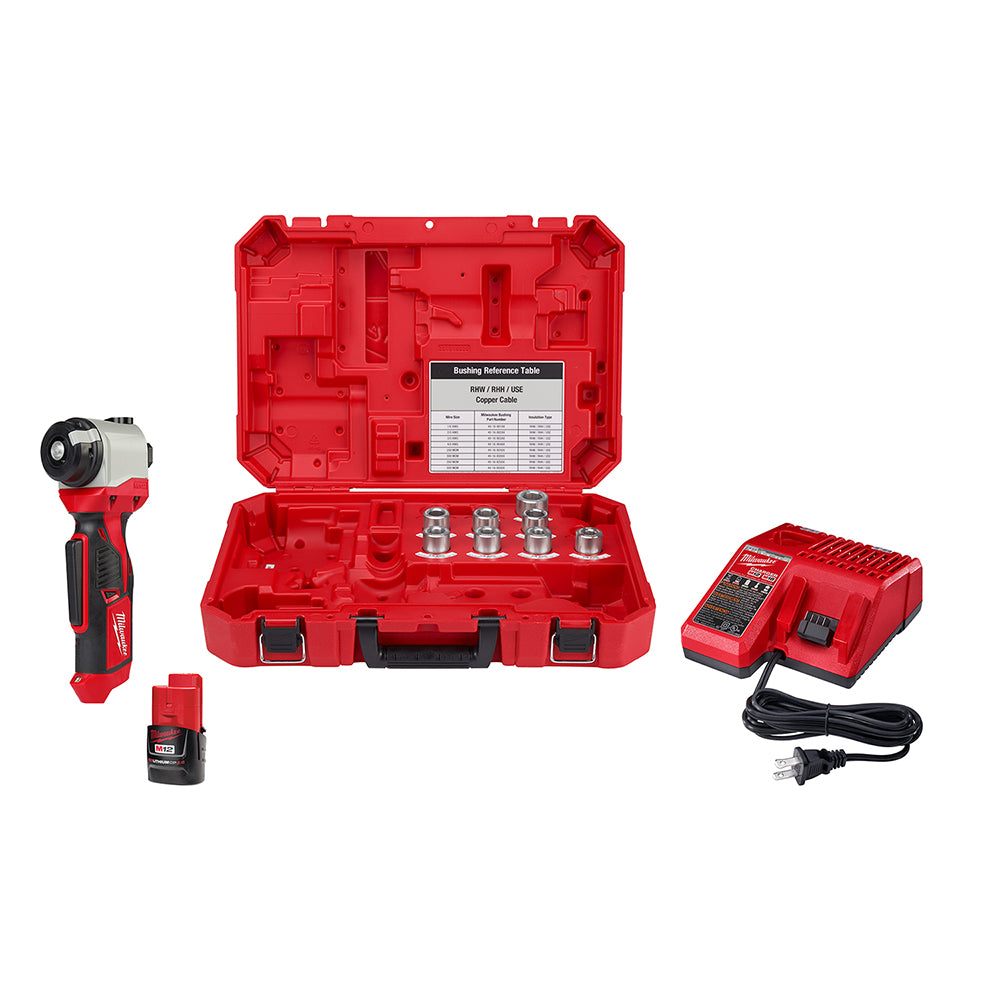 Milwaukee M12 cable stripper kit with red carrying case, handheld stripper tool, battery, charger, and metal stripping dies.