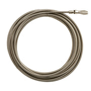 Coiled metal drain cleaning cable with silver metallic finish and threaded connector at one end.