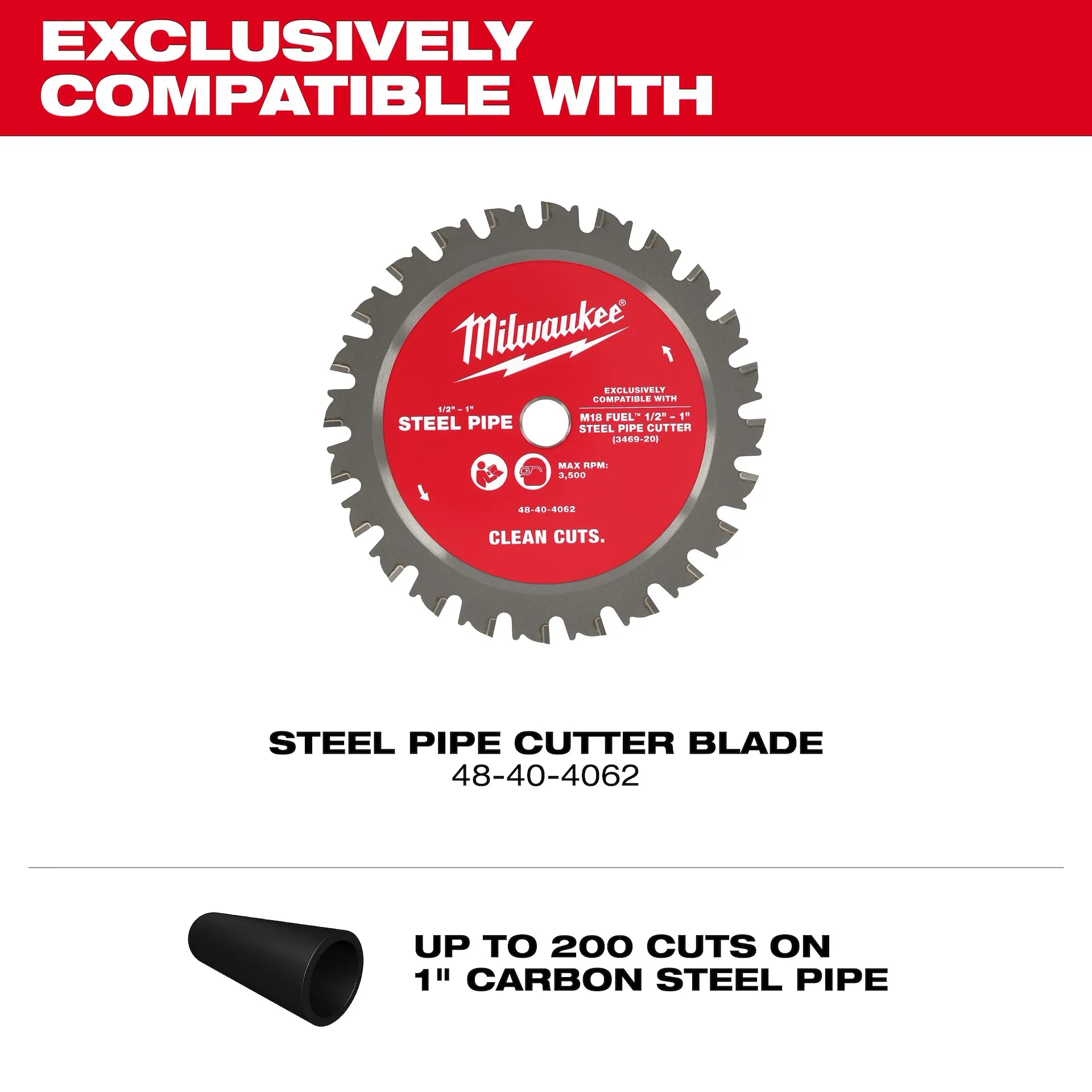 Milwaukee M18 FUEL steel pipe cutter blade with red face and gray teeth for cutting steel pipes.