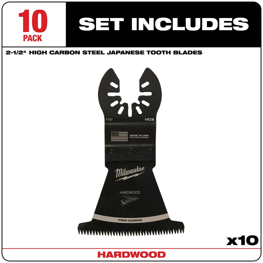Ten 2-1/2" black high carbon steel Japanese tooth blades with OPEN-LOK connection and curved base for hardwood cutting.