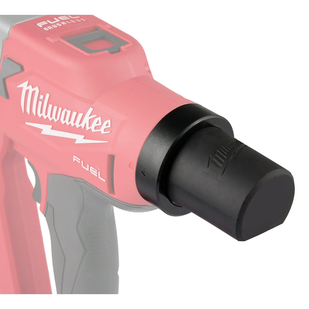 Milwaukee M18 FUEL rivet tool with black mandrel stopper attachment on red power tool.