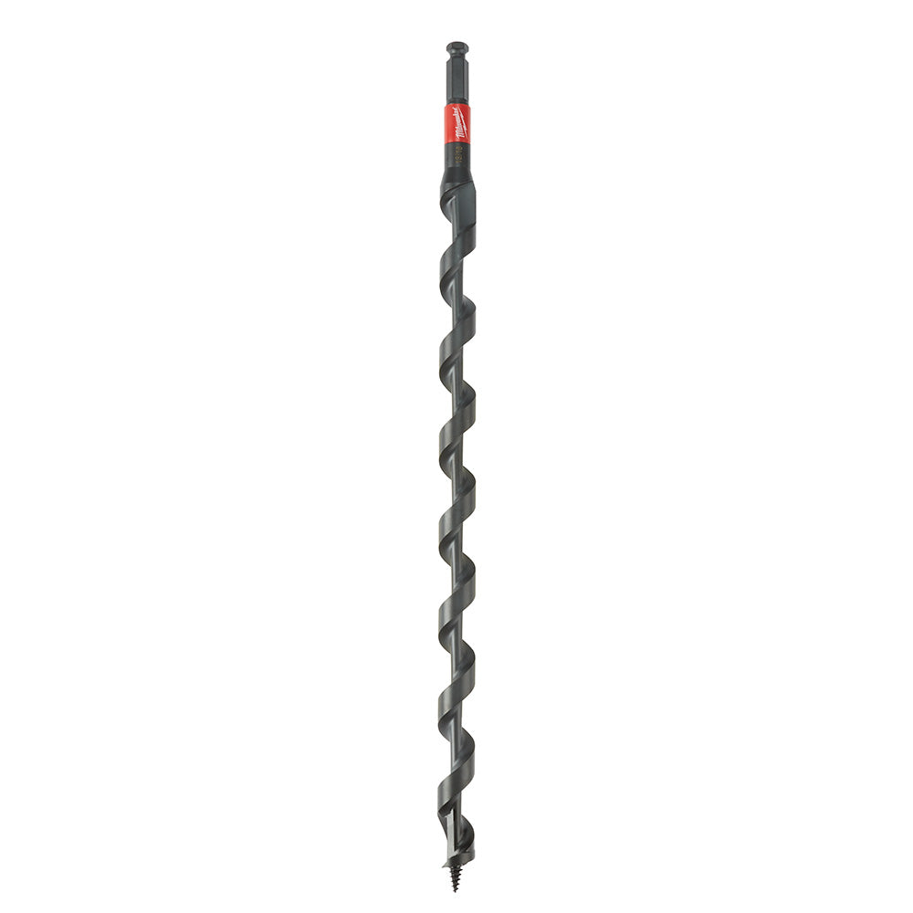 Black spiral auger bit with red band near top and pointed tip at bottom.