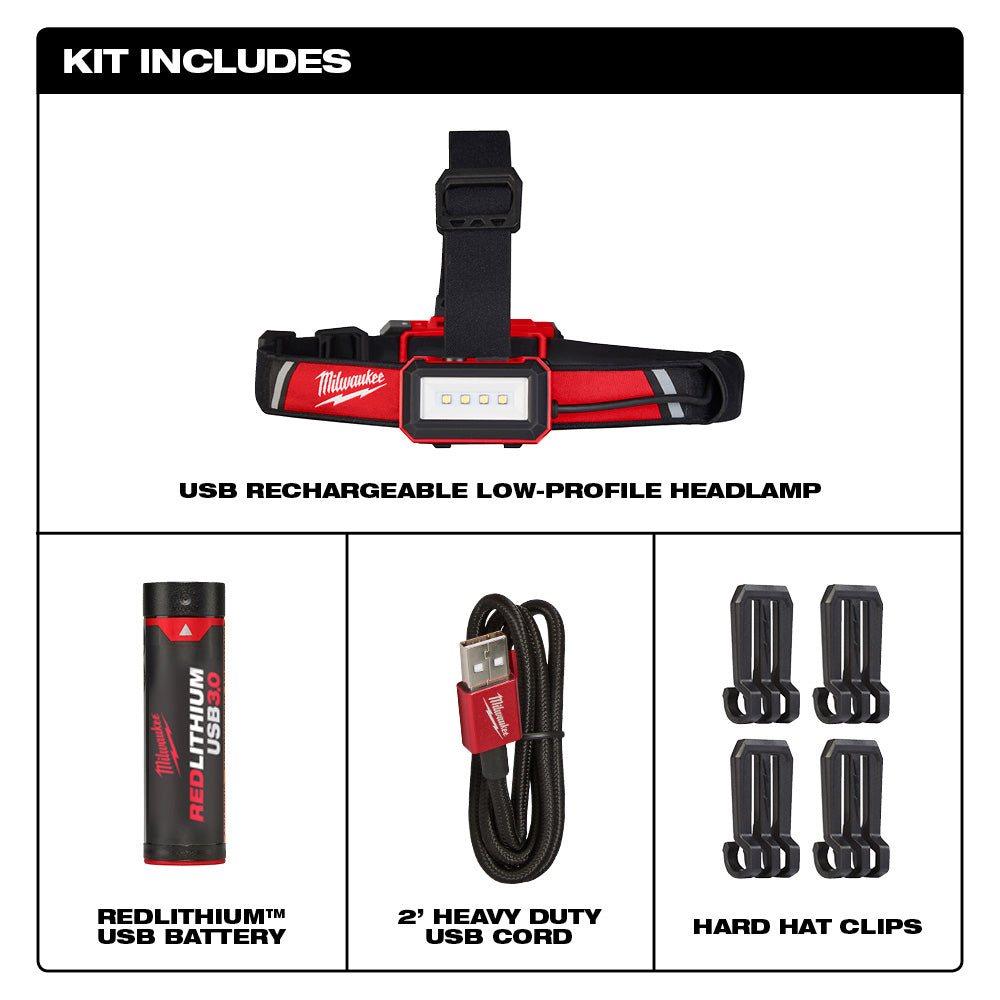 Black and red low-profile headlamp with four LED lights, includes Redlithium USB battery, charging cable, and hard hat clips.