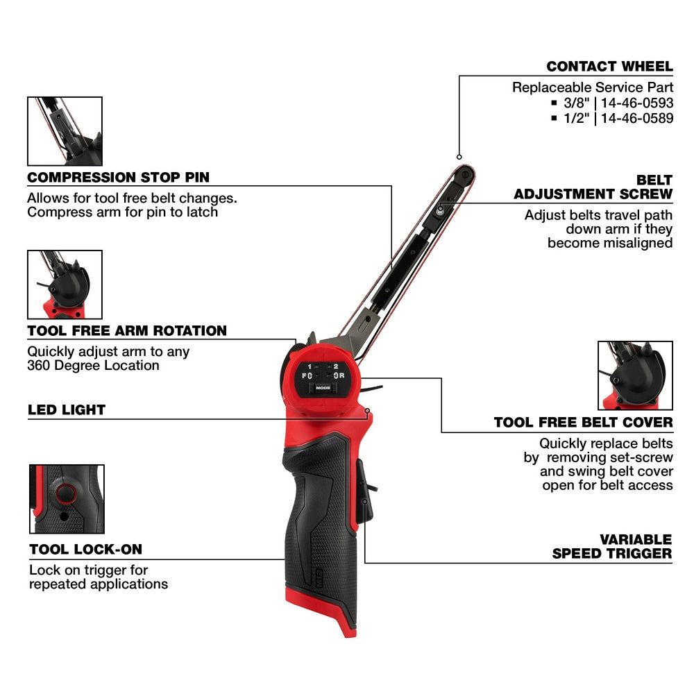 Red and black Milwaukee M12 FUEL bandfile tool with labeled features including contact wheel, belt adjustment screw, and tool