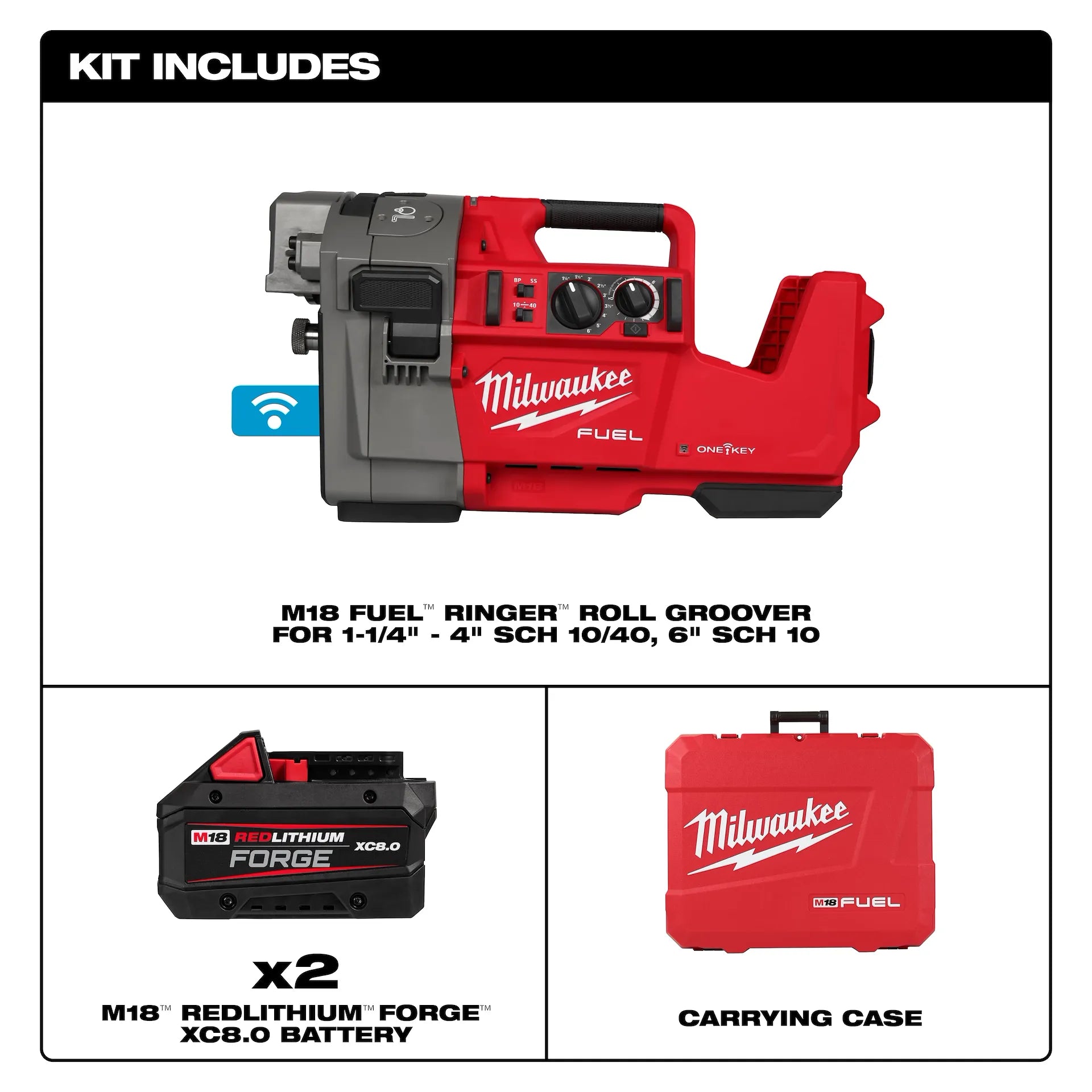 Milwaukee M18 FUEL RINGER Roll Groover with red and black housing, two batteries, and red carrying case.