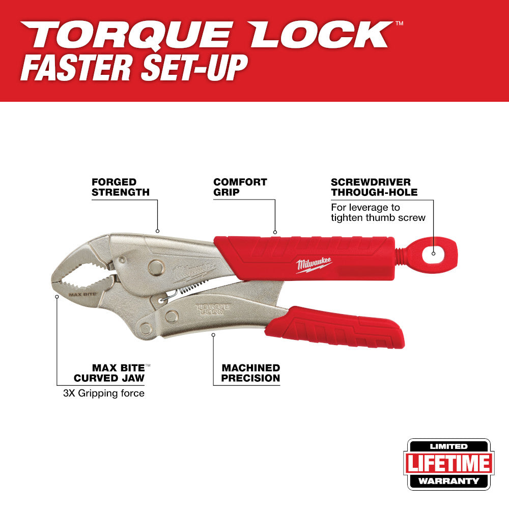 Two Milwaukee locking pliers with red comfort grips and metal jaws, labeled with features including forged strength, max bite