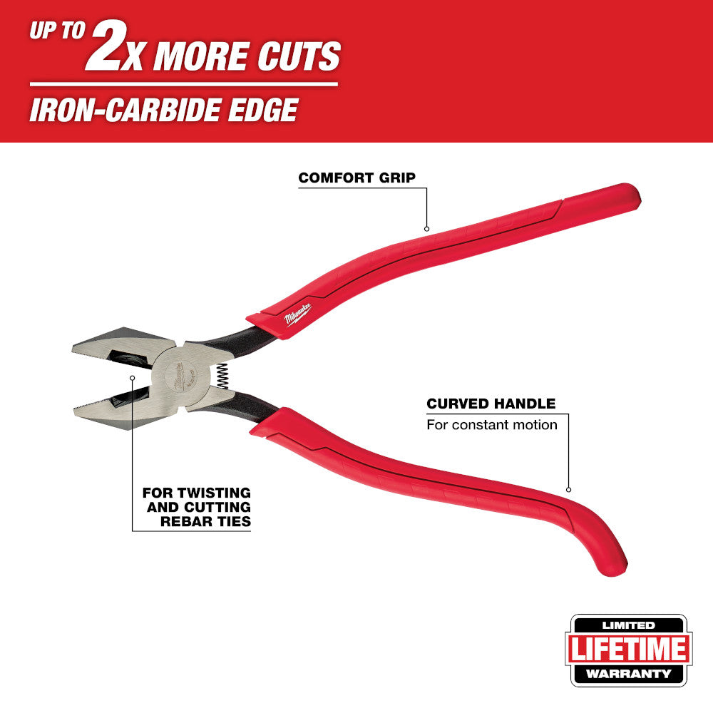 Red and black ironworker's pliers with curved handles, flat cutting head, and comfort grip for twisting and cutting rebar tie