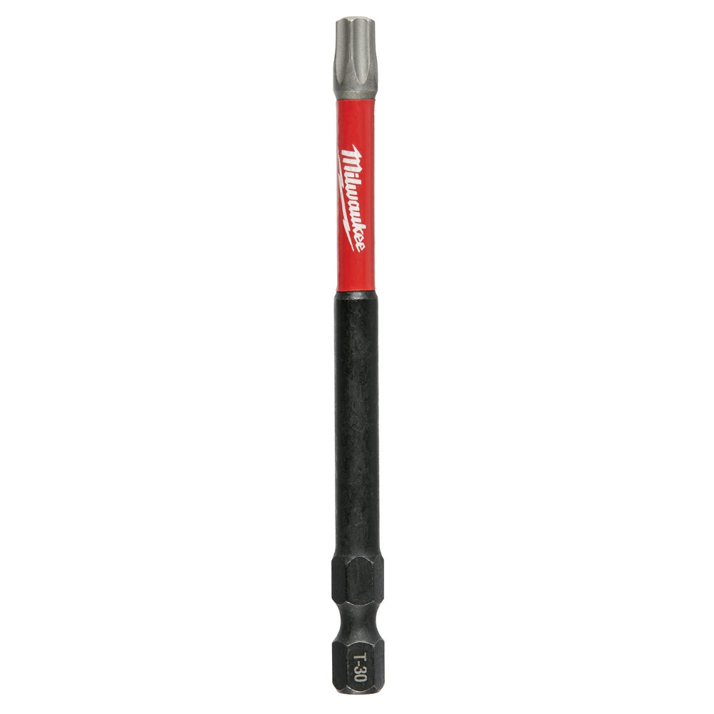 Milwaukee Shockwave T30 impact bit with red and black shaft and gray torx head.