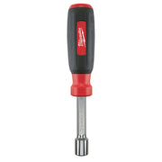 Milwaukee magnetic nut driver with red and black handle and metal socket shaft.