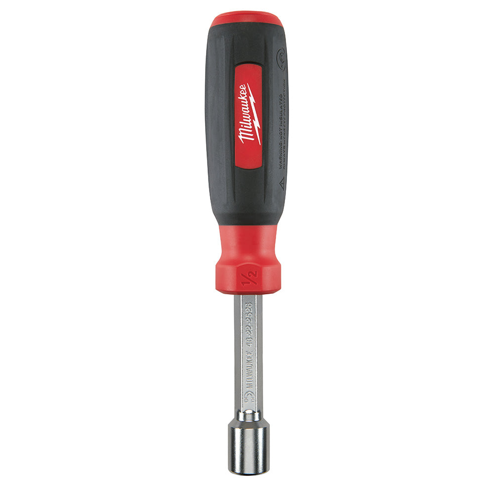 Milwaukee magnetic nut driver with red and black handle and metal socket shaft.