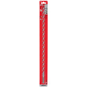 Long spiral carbide hammer drill bit with gray flutes on red packaging card.
