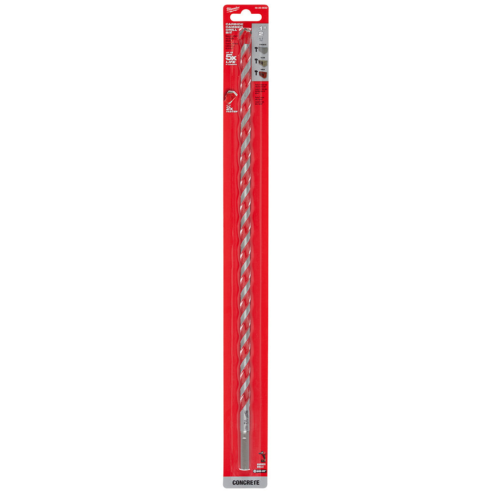 Long spiral carbide hammer drill bit with gray flutes on red packaging card.
