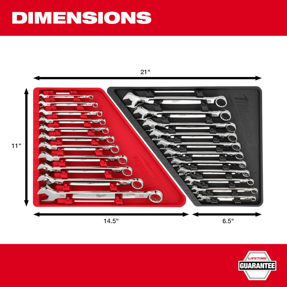Eleven metric combination wrenches arranged in red and black storage trays with dimension measurements of 21" width and 11" h