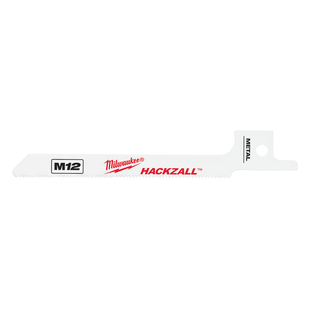 Milwaukee M12 HACKZALL bi-metal scroll blade with metal scroll cutting edge and mounting hole.