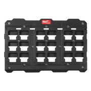 Black plastic wall plate with 12 socket compartments, Milwaukee PACKOUT branding, and blue mounting holes.