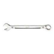 Silver 15mm combination wrench with open end on left and ring end on right.