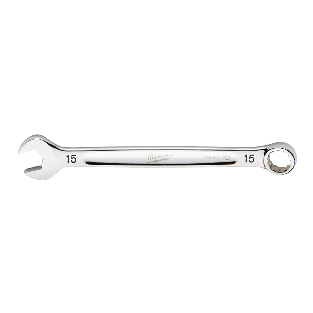 Silver 15mm combination wrench with open end on left and ring end on right.