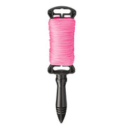 Pink braided chalk line with black reel and handle with pointed stake attachment.