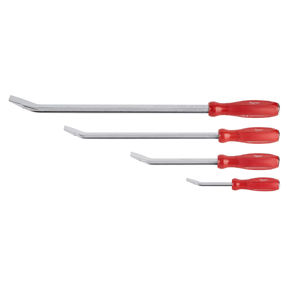 Four pry bars with metal shafts and red handles, arranged in descending size order.