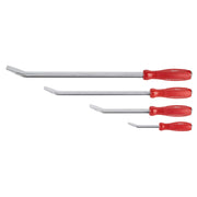 Four pry bars with metal shafts and red handles, arranged in descending size order.