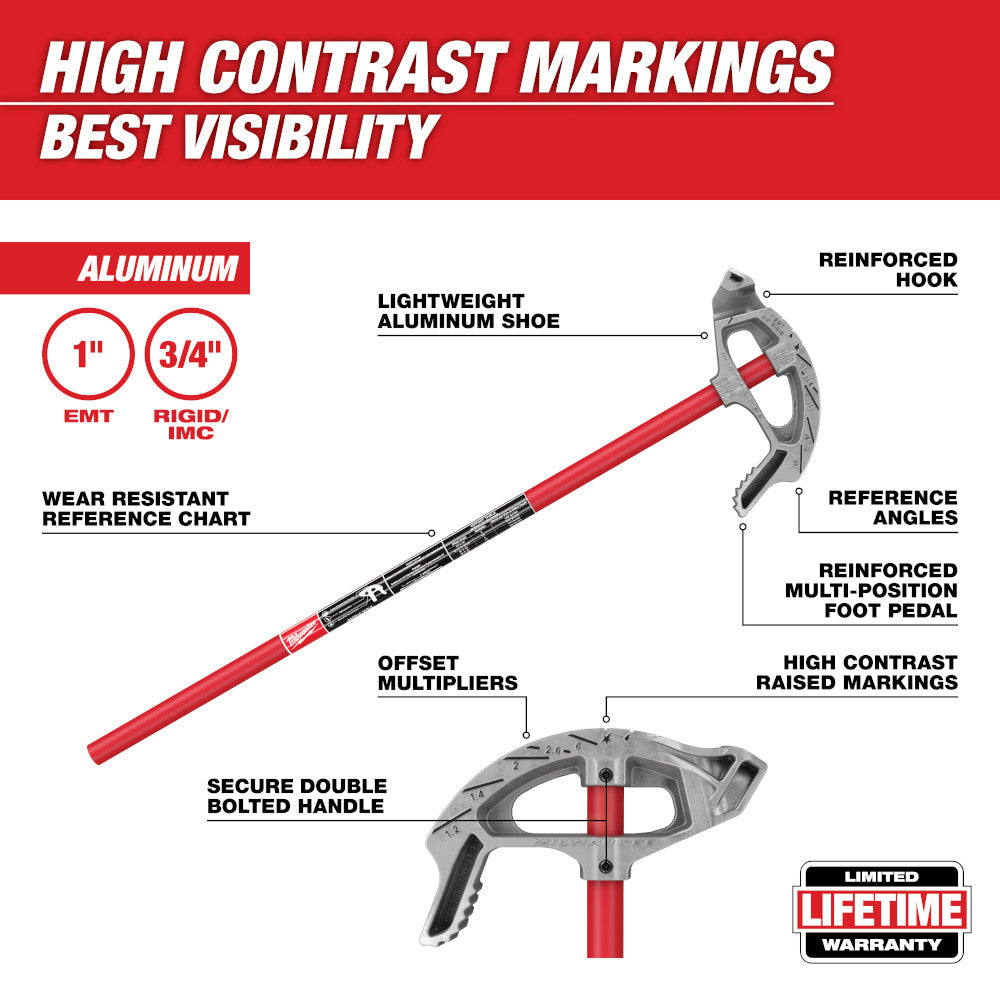 Red and gray aluminum EMT conduit bender with reinforced hook, offset multipliers, and reference angle markings for 1" condui
