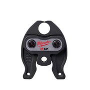 Black Milwaukee M12 PEX crimp jaw with two red buttons and mounting holes.