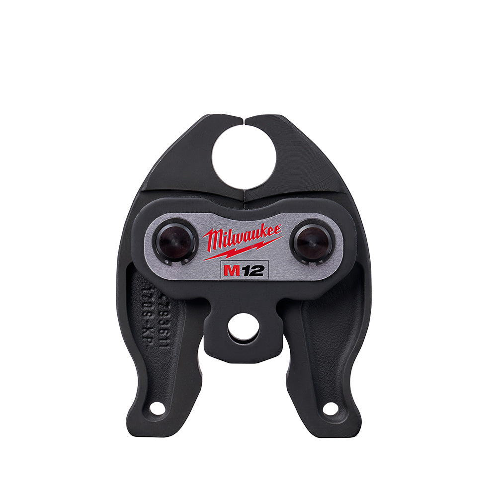 Black Milwaukee M12 PEX crimp jaw with two red buttons and mounting holes.