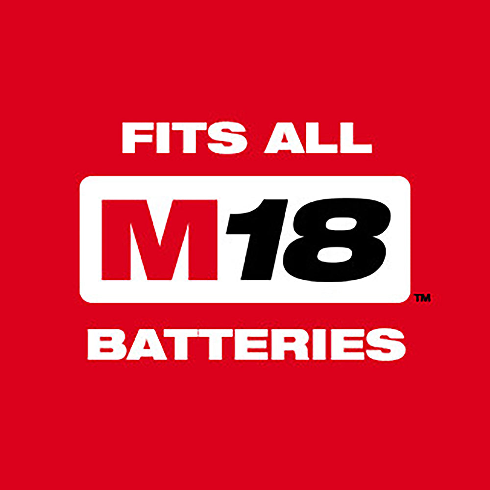 M18 battery compatibility logo on red background with white and black text.