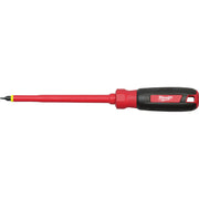 Milwaukee insulated screwdriver with red shaft, black handle, and slotted tip for electrical work.