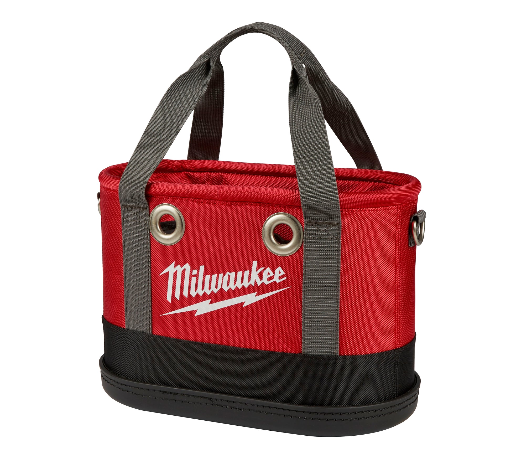 Red and black oval tool bag with gray handles, metal grommets, and Milwaukee branding on front.
