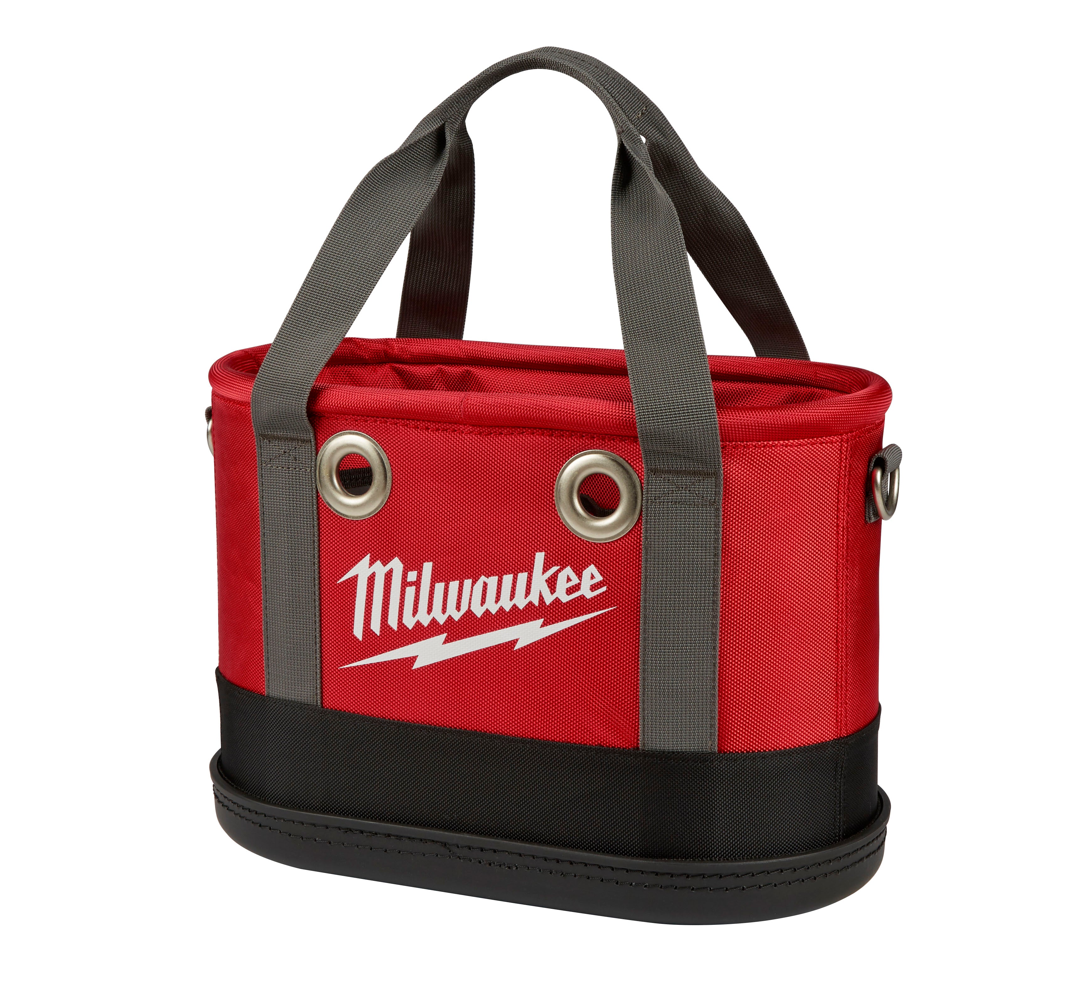 Red and black oval tool bag with gray handles, metal grommets, and Milwaukee branding on front.