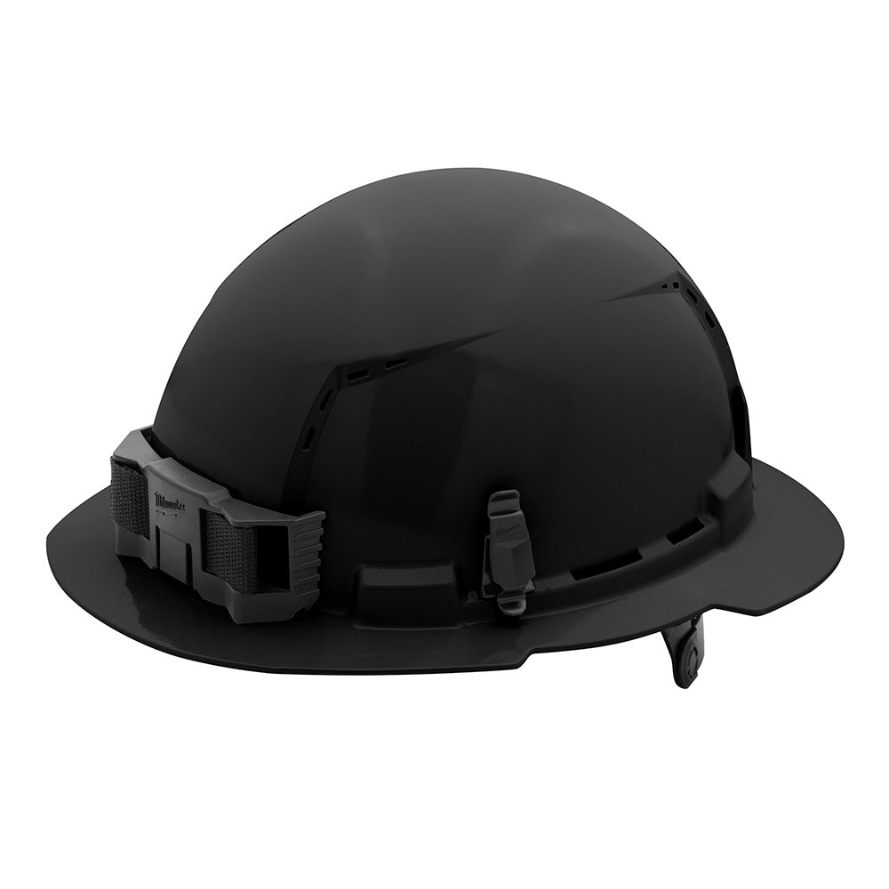 Black full brim hard hat with ratcheting suspension system and chin strap attachment points.