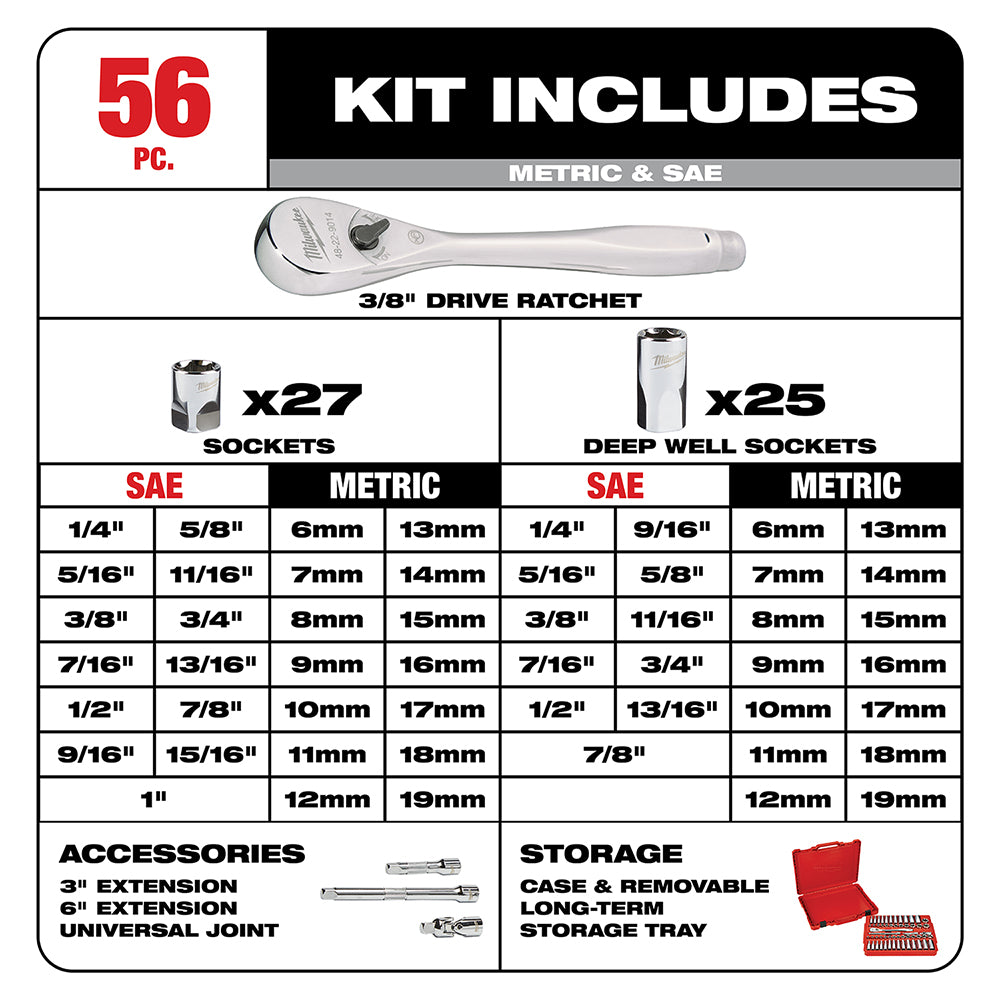 Milwaukee 56-piece ratchet and socket set with 3/8" drive ratchet, sockets, extensions, and red storage case.