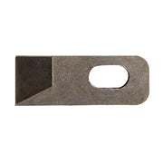 Metal replacement blade with angled cutting edge and oval mounting hole for cable stripper tool.