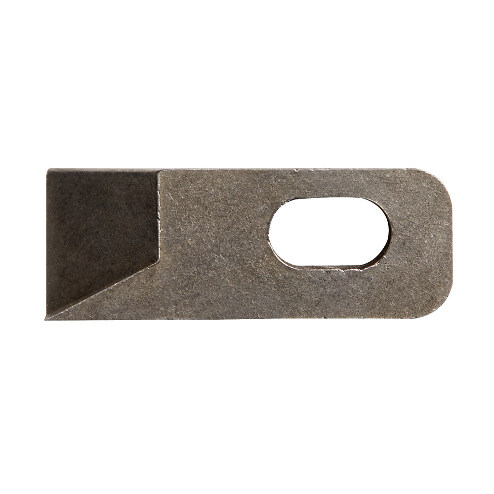 Metal replacement blade with angled cutting edge and oval mounting hole for cable stripper tool.