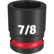 Black 1/2" drive socket with 7/8" opening, six-point design, marked with size marking and red grip band.