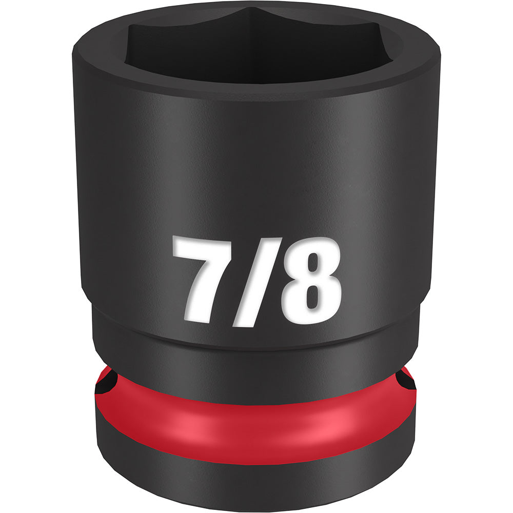 Black 1/2" drive socket with 7/8" opening, six-point design, marked with size marking and red grip band.