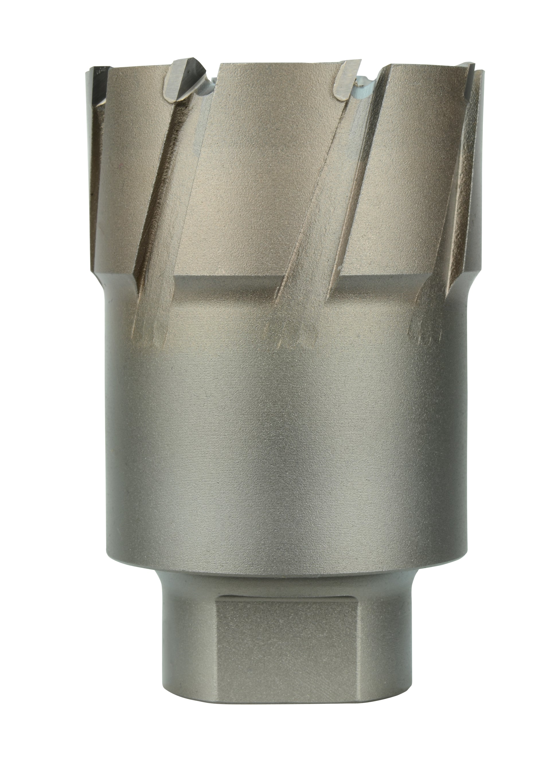 Steel hawg cutter with multiple cutting flutes and threaded connection base.