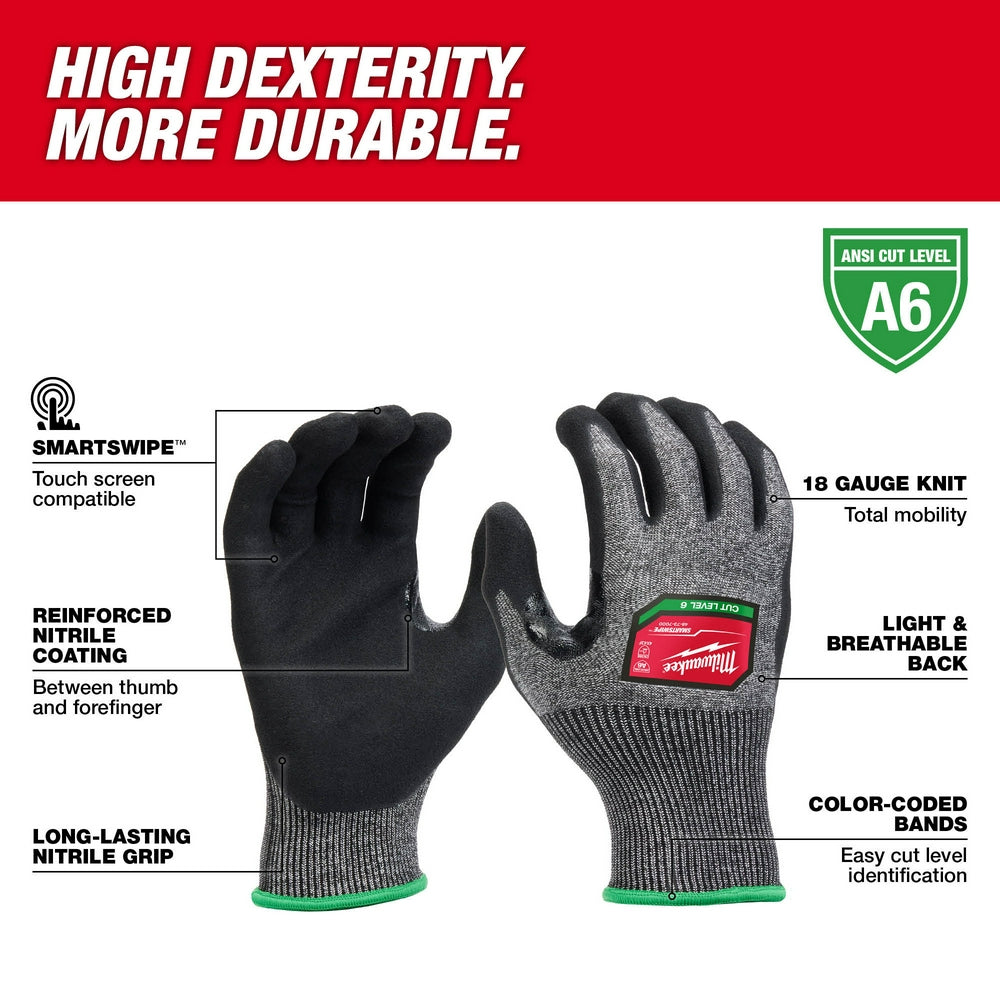 Gray knit work gloves with black nitrile-dipped palms and green cuff bands, shown front and back views.